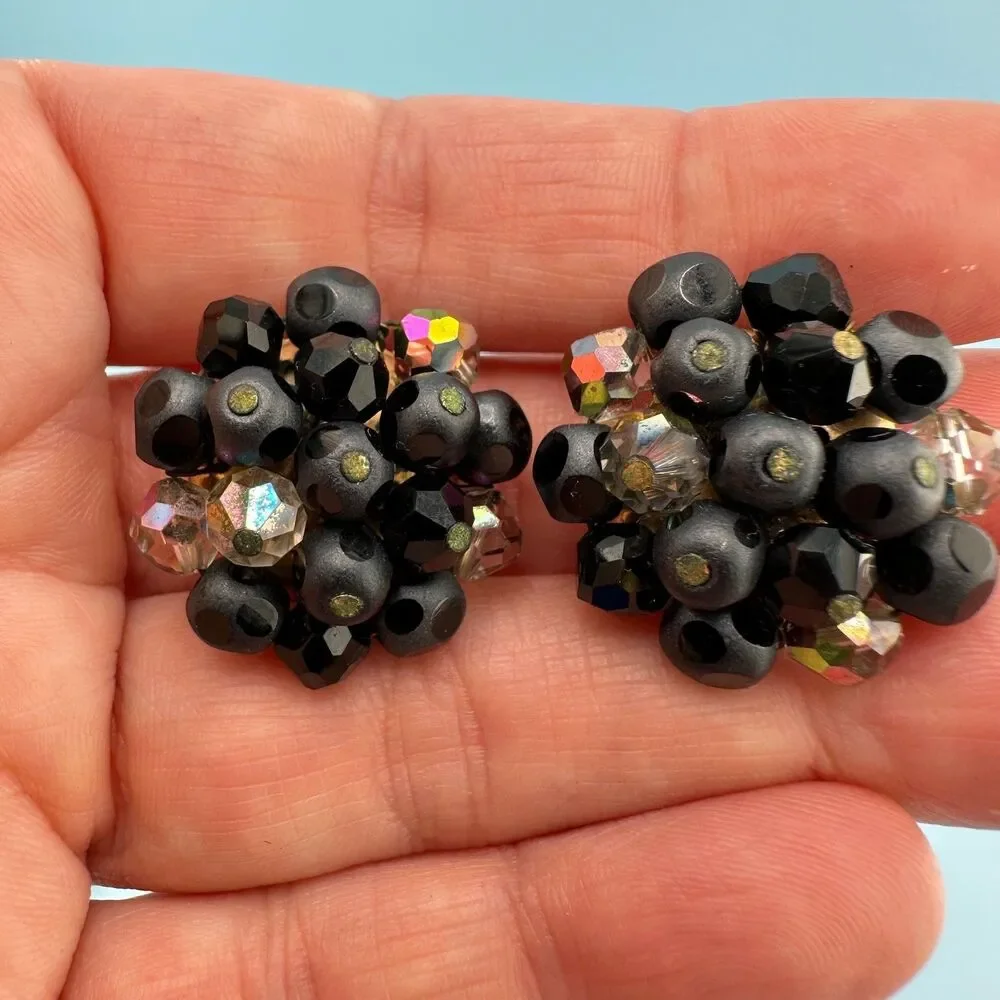 Vintage Laguna Necklace Earrings Set Matte Black AB Faceted Glass Bead Cluster